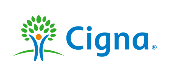 Cigna insurance logo featuring blue text and green tree icon with person figure.