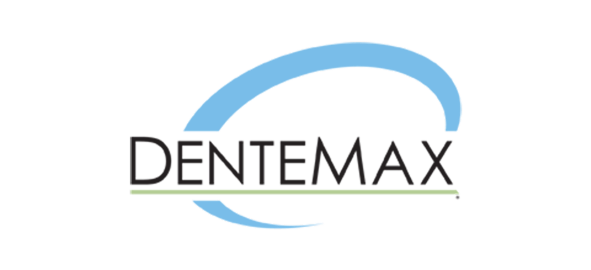 Dentemax logo featuring blue curved design element above text wordmark for dental services.