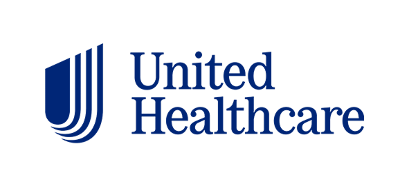 United Healthcare logo, blue stylized shield with vertical lines and company name text
