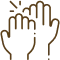 Multiple hands raised together in collaborative gesture, symbolizing teamwork and support.